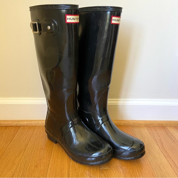 Hunter Original Tall Black Gloss Waterproof Rain Boots Wellies Women’s 7 EU 38 - Picture 1 of 10